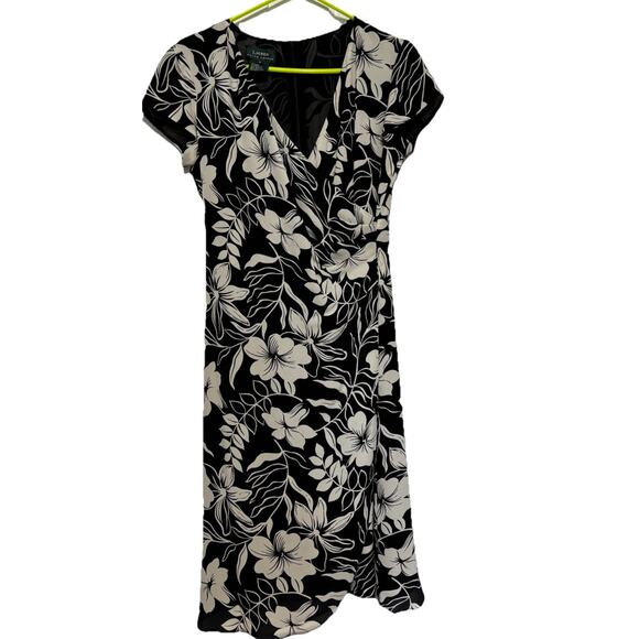 Ralph Lauren Dresses & Skirts - Lauren Ralph Lauren Black Ivory Silk Floral Faux-Wrap Dress 8 Classy Office